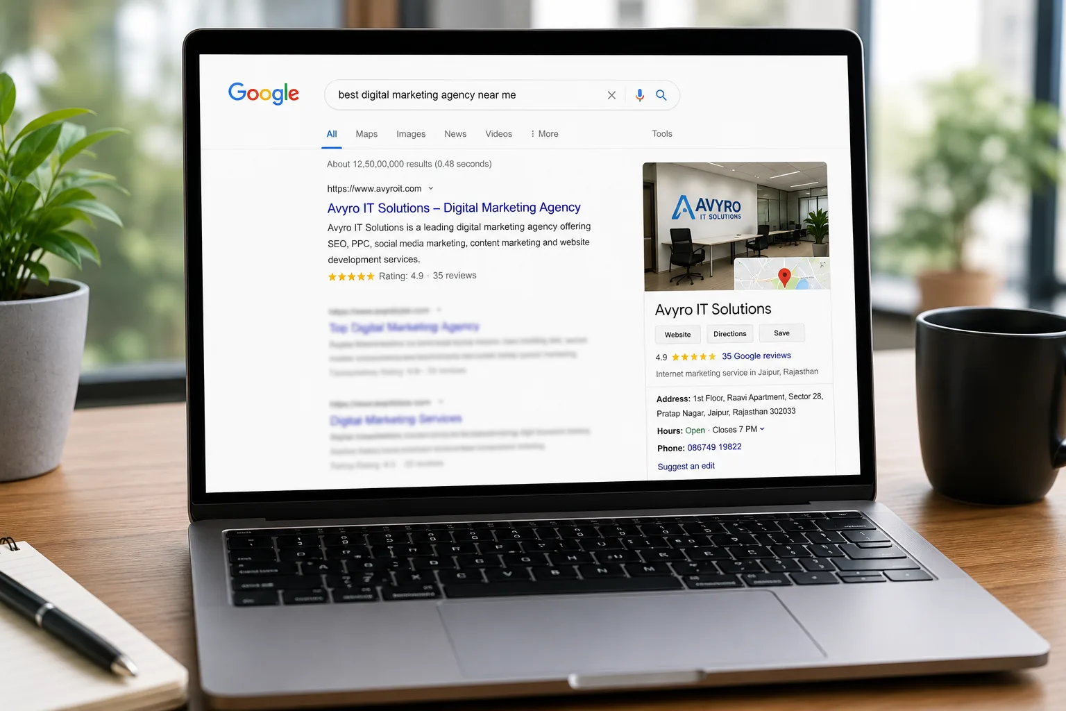 Business website appearing in Google search results
